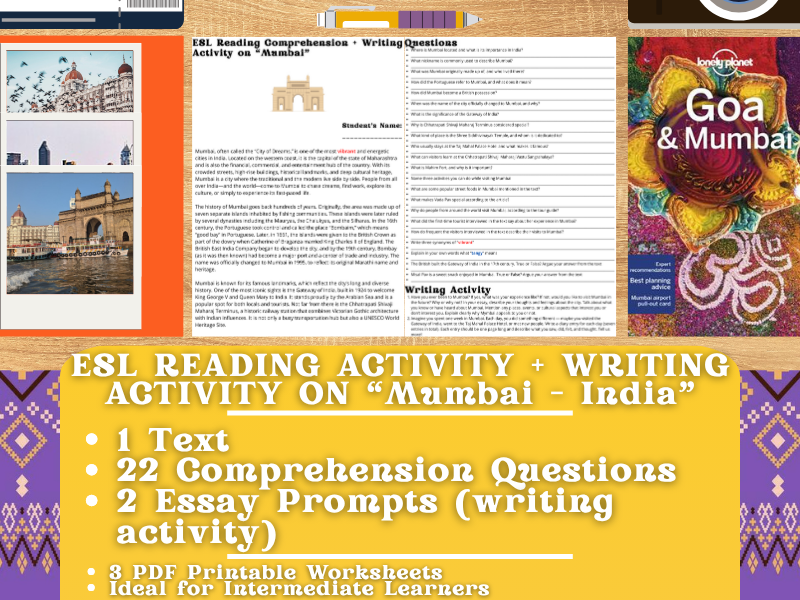 ESL Reading Comprehension + Writing Activity Worksheets on "Mumbai" - India