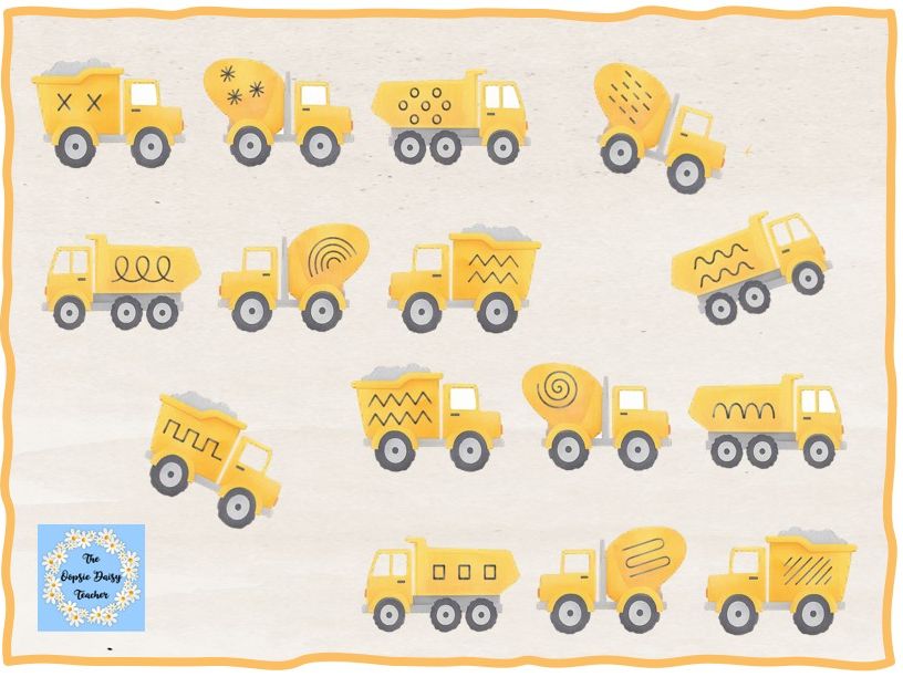 Mark Making Patterns Activity Discs – Construction Vehicles (Natural Theme)