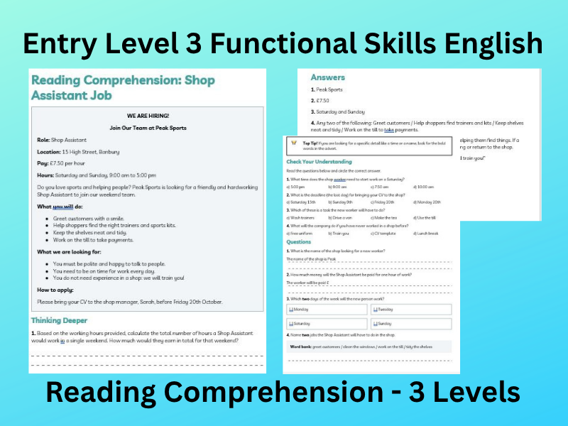 Functional Skills Entry Level 3 Reading Comprehension Shop Assistant