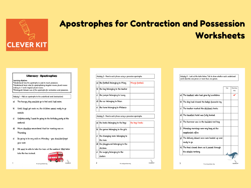 Apostrophes for Contraction and Possession Worksheets