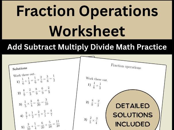 Fraction Operations Worksheet Add Subtract Multiply Divide Math Practice
