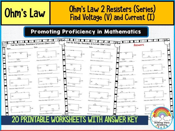 Ohm’s Law – 2 Resistors (Series) (Find Voltage (V) and Current (I)) Worksheets | Series Circuit Anal