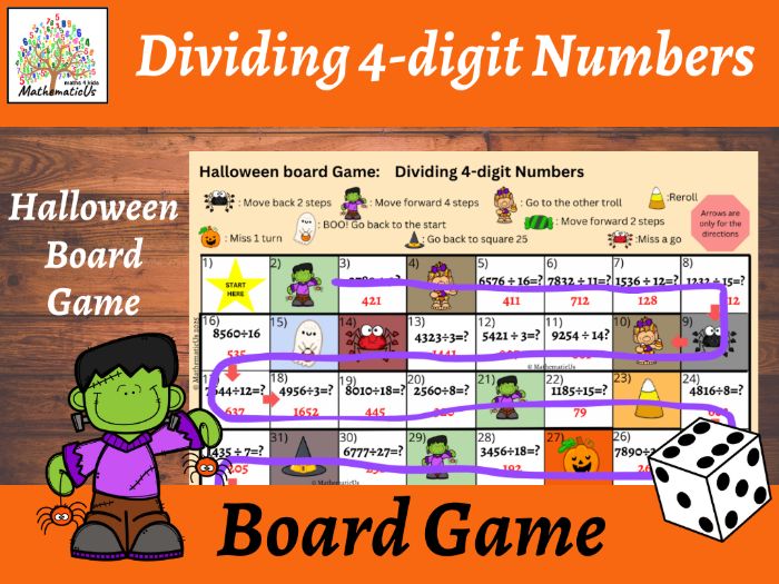 Dividing 4-digit Number Halloween Board Game