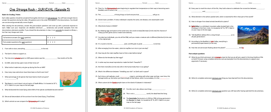 One Strange Rock: SURVIVAL (Video worksheet w. answer key) | Teaching