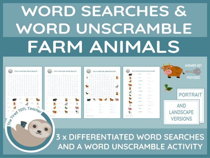 ESL Farm Animals Differentiated Word Searches and Word Unscramble