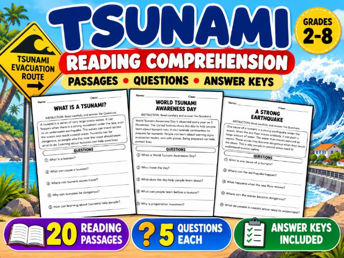 Tsunami Reading Comprehension | 20 Passages, 100 Questions & Answer Key