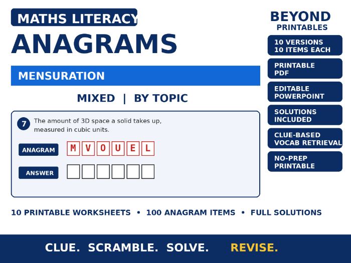 Maths Literacy Anagrams: Mensuration | 10 Worksheets, Editable PowerPoint + Solutions