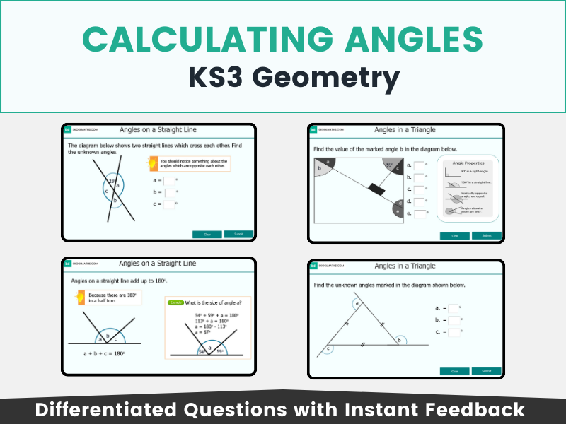 Calculating Angles - Key Stage 3 Interactive Maths Lesson and Self-Marking Activities