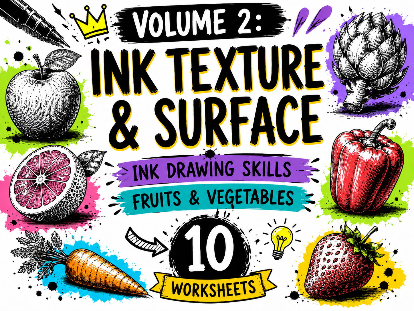 Ink Drawing Skills – Fruits & Vegetables Volume 2 | Texture & Surface Techniques | 10 KS3 Art Worksheets