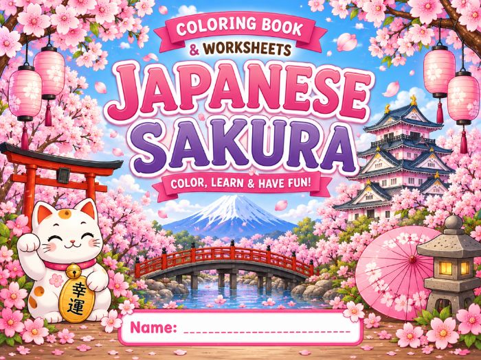 Japanese Sakura Coloring Book & Worksheets | Japan Activities | Kindergarten–3rd Grade