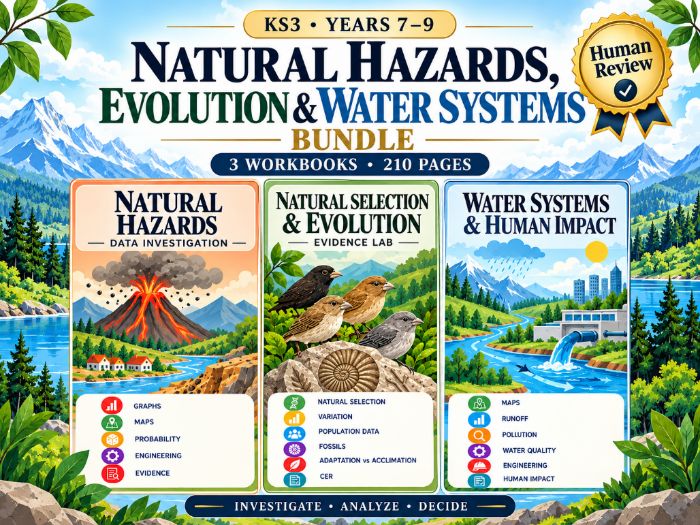 KS3 Science Investigation Bundle Natural Hazards, Evolution & Water Systems 210 Pages Years 7–9