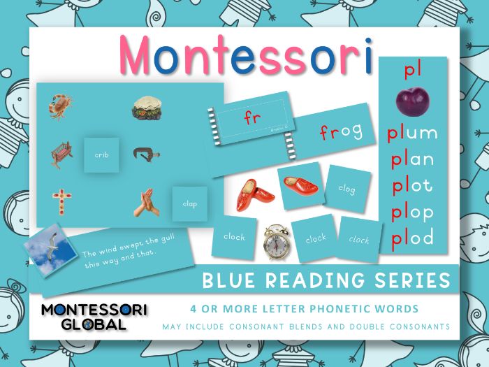 Montessori Blue Reading Series - Consonant Blends, Double Consonants, 4+ Letters