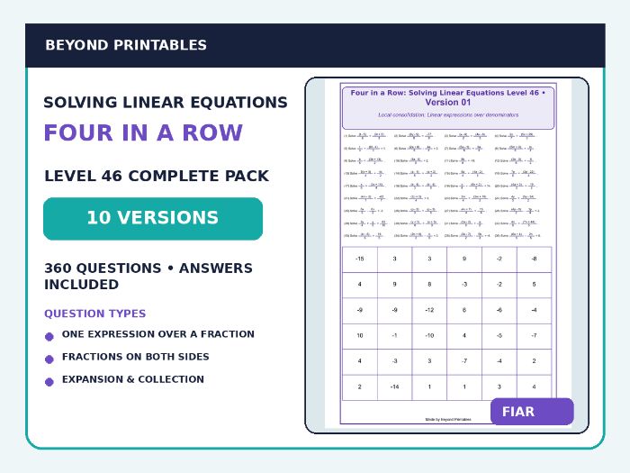 Solving Linear Equations Four in a Row | Linear Expressions over Denominators : Level 46 | 10-V