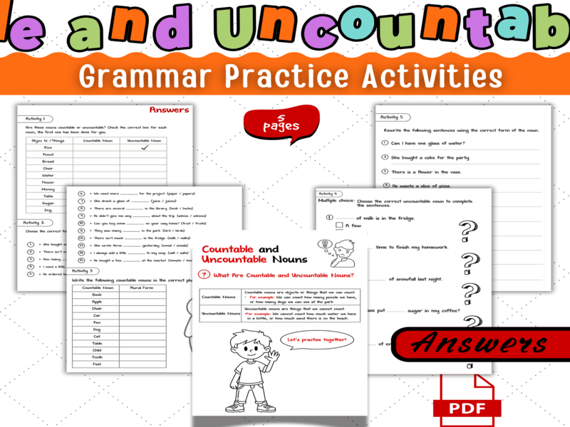 Countable & Uncountable Nouns Worksheets | Grammar Practice Activities | ESL ELL