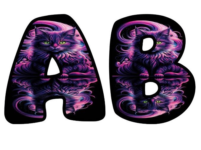 3D AI Purple Cat Reflections Glass Themed Lettering Set | Classroom Display | Upper & Lowercase, 0-9