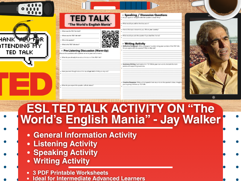 ESL TED Talk Activity Worksheets - The World's English mania - Jay Walker
