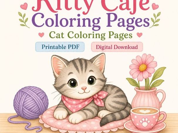 Kitty Cafe Coloring Pages | Cat Coloring Pages | Printable PDF | Digital Download