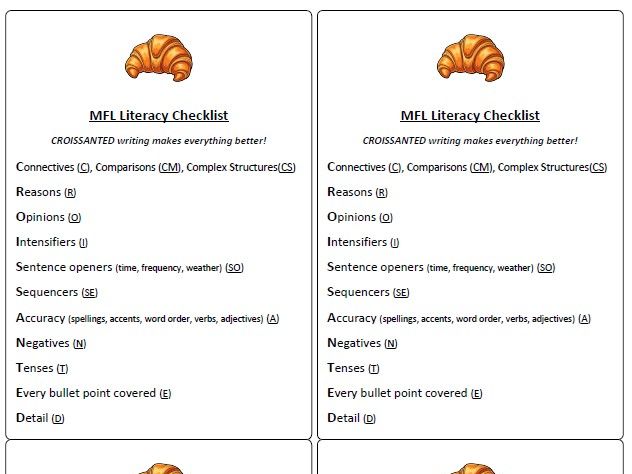 CROISSANTED MFL Literacy Checklist Sheets Stickers