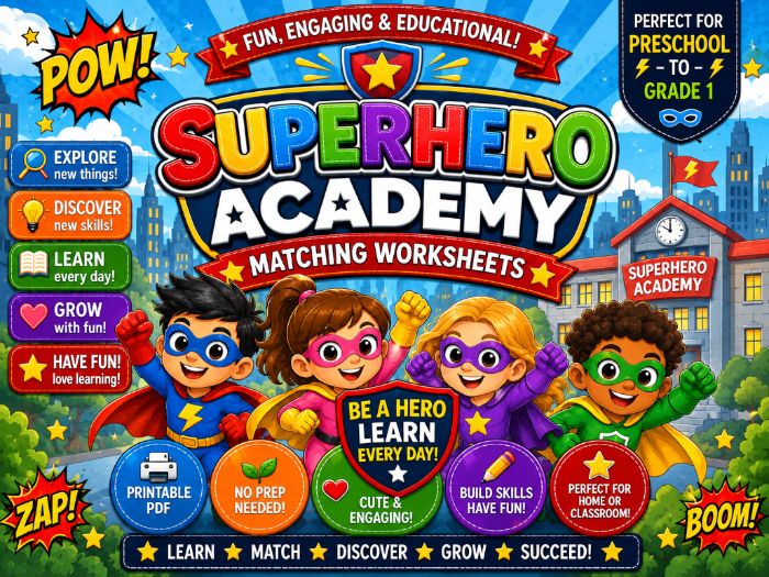 Superhero Matching Worksheets | Picture, Shadow, Alphabet, Numbers, Shapes & Colors | Preschool–1st