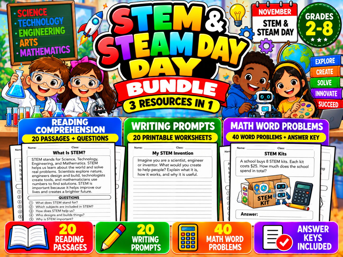 STEM & STEAM Day Activities Bundle | Reading, Writing & Math | Grades 2–8