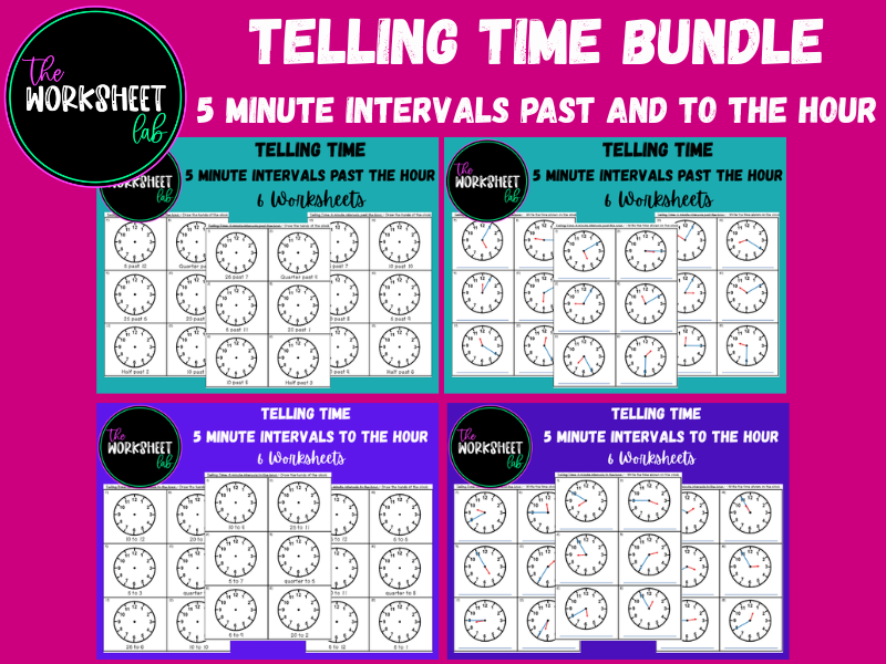 TELLING TIME BUNDLE: 5 Minute Intervals Past and To the Hour Worksheets
