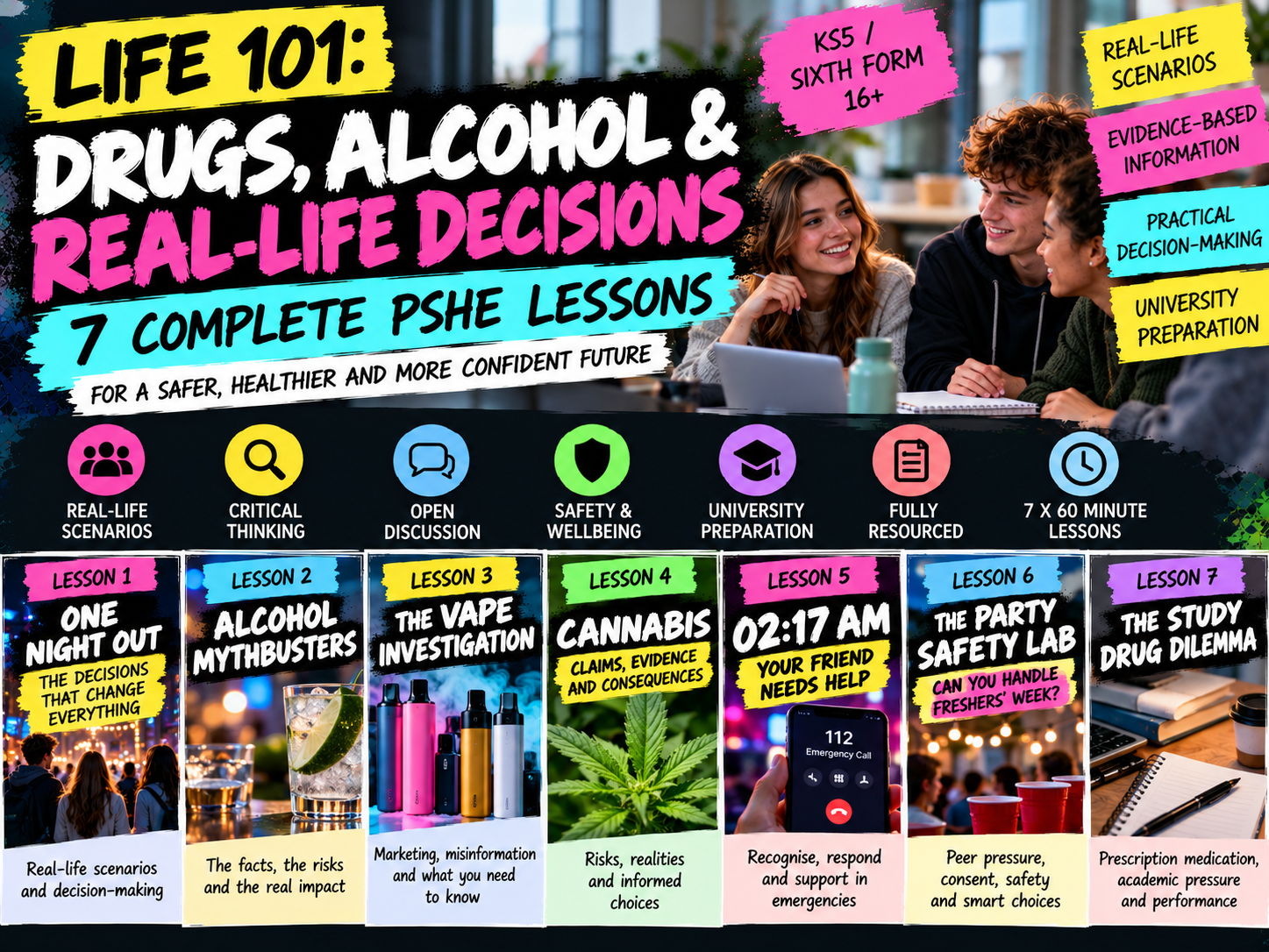 PSHE Drugs, Alcohol & Real-Life Decisions - 7 Complete Lessons (Vaping, Cannabis, Peer Pressure & University Safety) KS5 16+