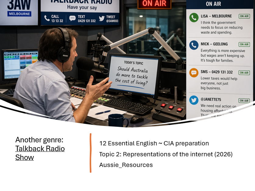 12 Essential English – CIA Exam Prep (QLD) – Radio Talkback Show genre conventions and one stimulus