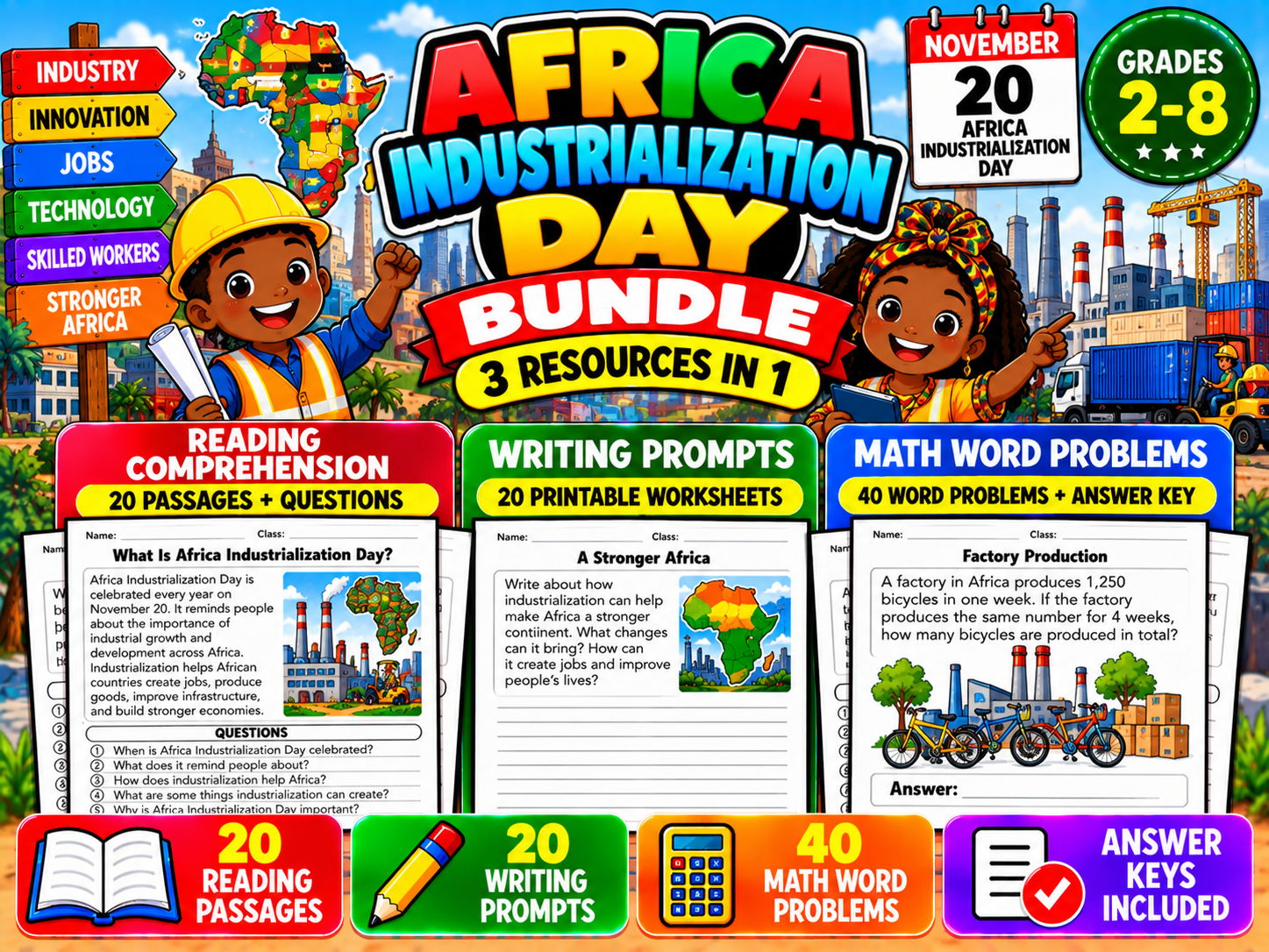 Africa Industrialization Day Activities Bundle | Reading, Writing & Math | Grades 2–8