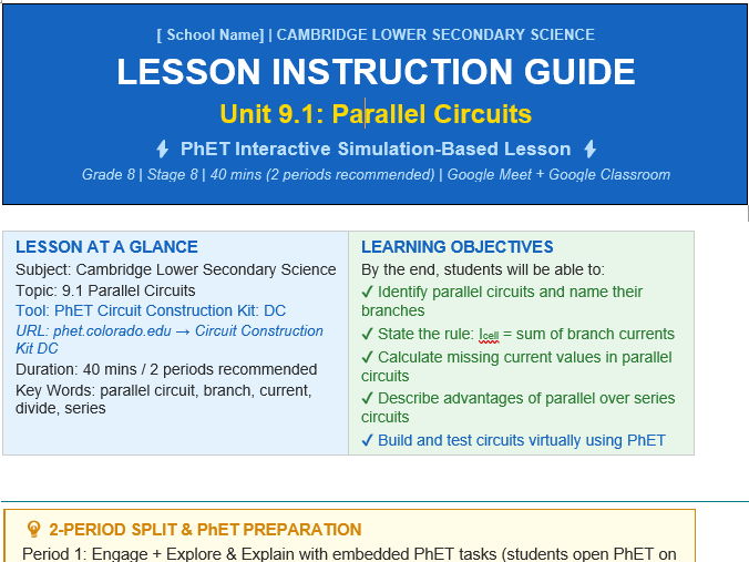 CAMBRIDGE LOWER SECONDARY SCIENCE LESSON INSTRUCTION GUIDE Unit 9.1: Parallel Circuits