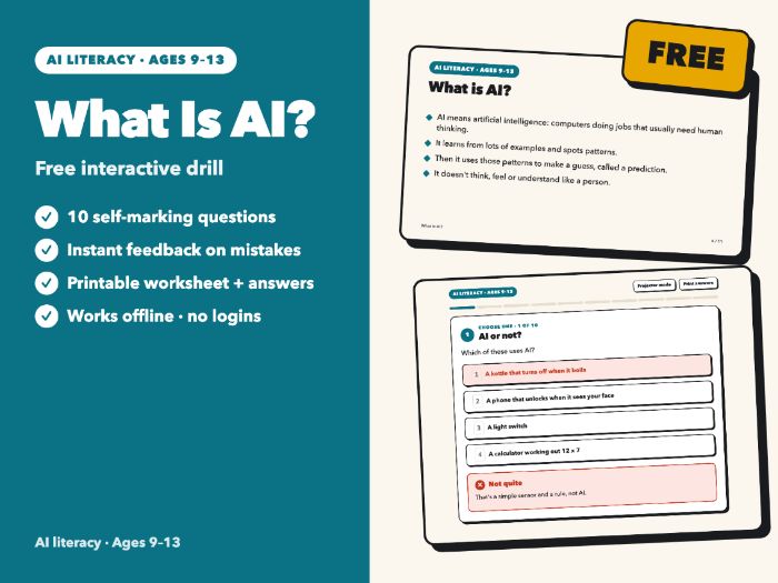 What Is AI? Free Self-Marking AI Literacy Drill | KS2 & KS3 Computing | Ages 9-13 | No Login