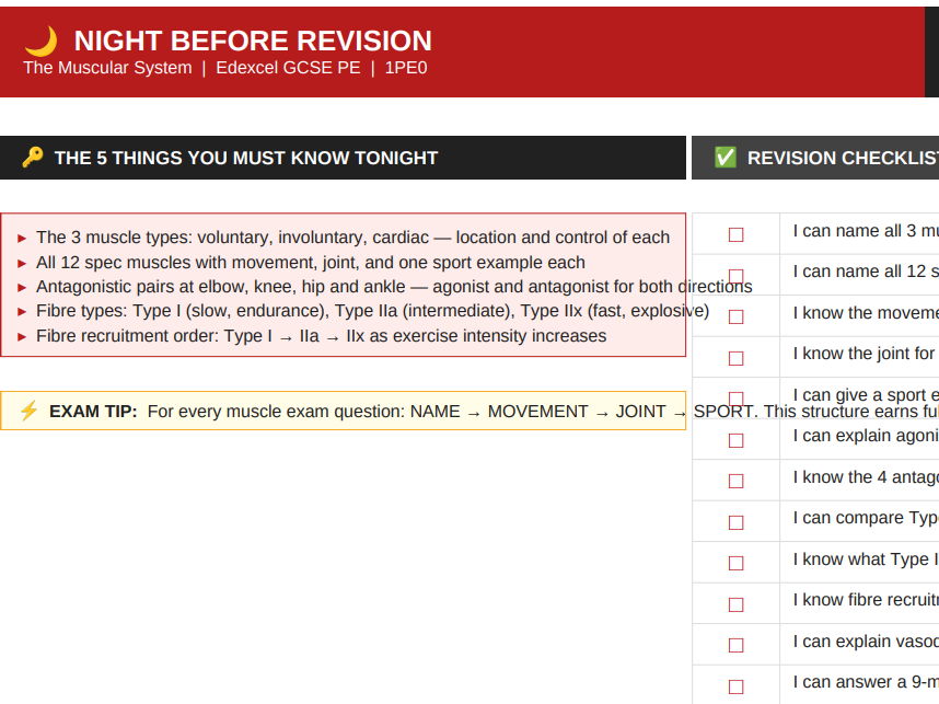 Muscular System | Edexcel GCSE PE | Night Before Revision Sheet