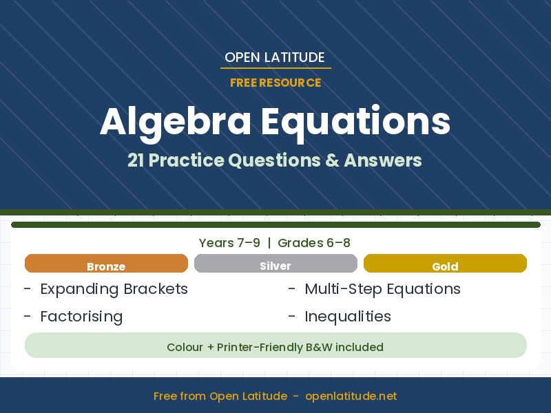 Title	Algebra Equations — 21 Practice Questions & Answers