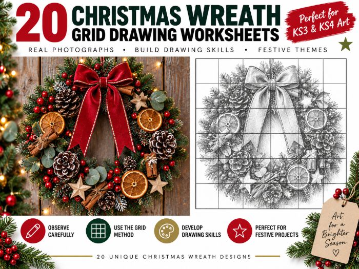 Christmas Wreath Grid Drawing Worksheets | 20 Festive Drawing Activities | KS3 KS4 Art