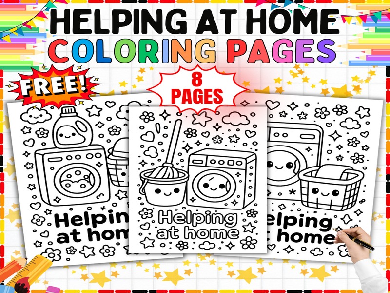 Free Helping at Home Coloring Pages | 8 Page Coloring Sheets | Chores and Life Skills