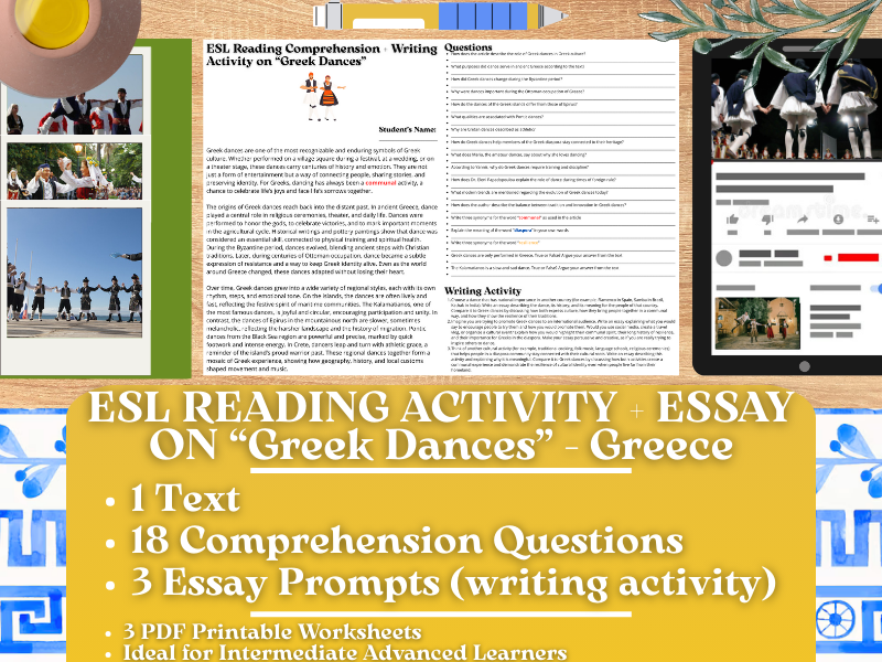 ESL Reading Comprehension + Writing Activity Worksheets on Greek Dances