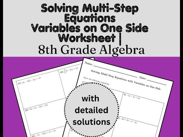 Solving Multi-Step Equations Variables on One Side Worksheet | 8th Grade Algebra