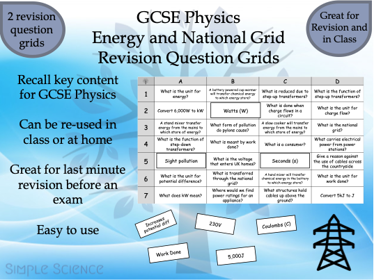 Energy Transfers and National Grid Revision Question Grids - GCSE Physics