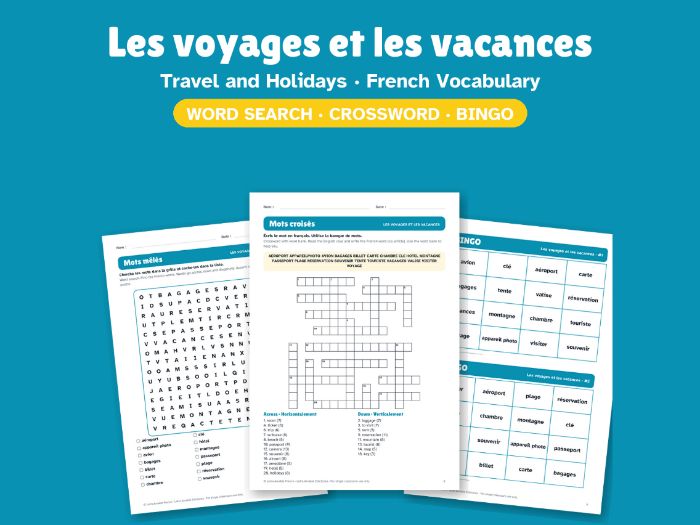 Travel and Holidays in French: Word Search, Crossword & Bingo