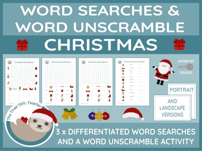 ESL Christmas Differentiated Word Searches and Word Unscramble