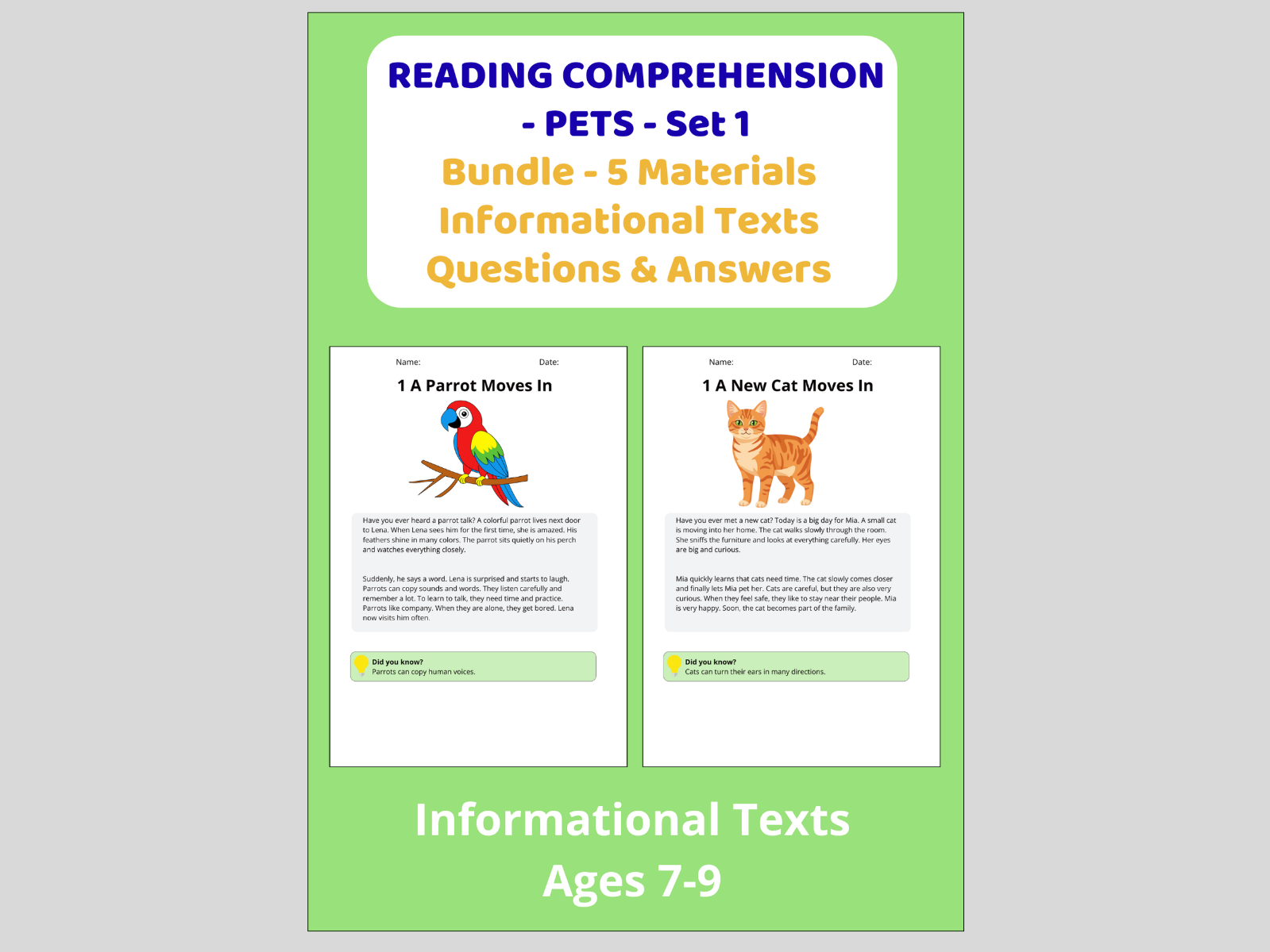Reading Comprehension Pets - Bundle 5 Materials Informational Texts