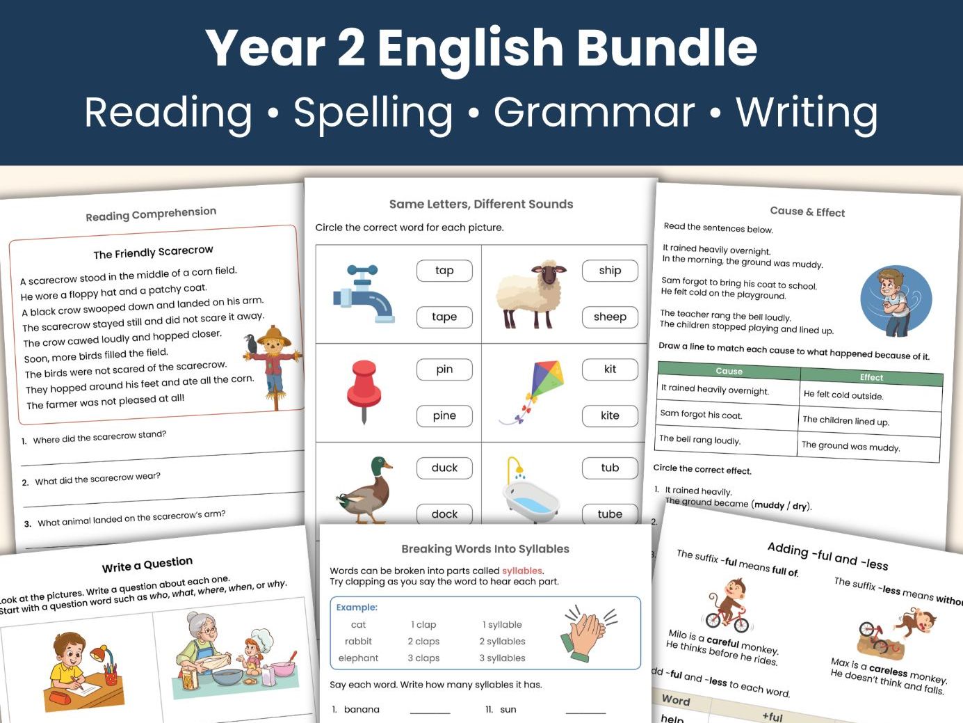 Year 2 English Workbook Bundle | 77 Pages | Reading, Spelling & Writing