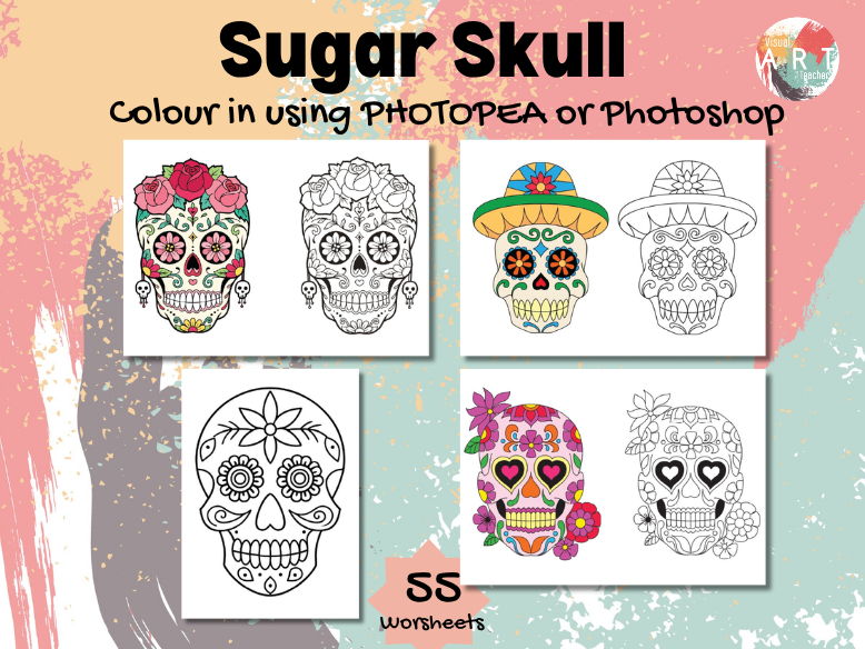Sugar Skull Coloring Worksheets for Photoshop & Photopea | 55 Files