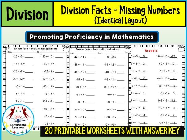 Division Fact Negative Missing Numbers on Identical Horizontal Layout Worksheets Problems