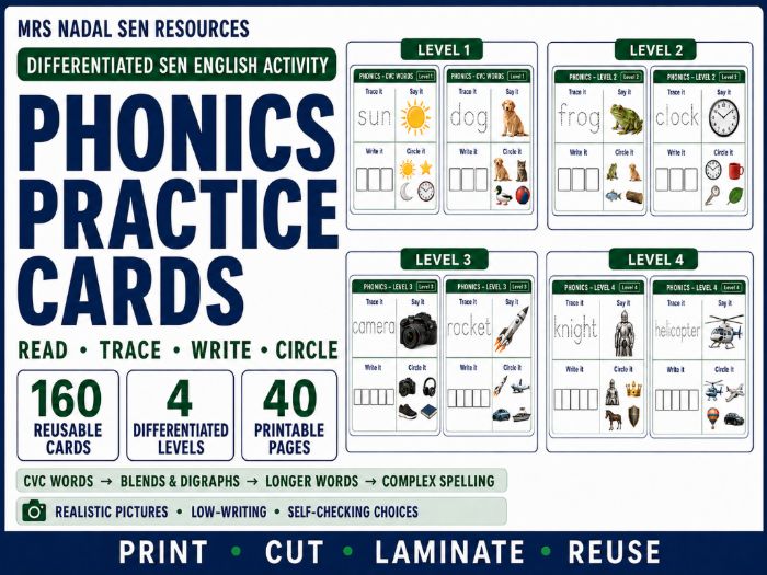 Phonics Practice Cards | 160 Reusable SEN Phonics Cards | 4 Levels
