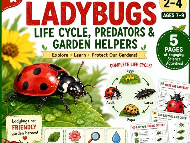 Ladybugs:Life Cycle, Predators & Garden Helpers- 5-Page Activity Pack |Grade 2-5