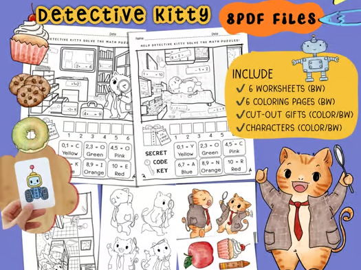 Math to Mystery Word Detective Kitty worksheet, Coloring, Cut out Gifts,PDF