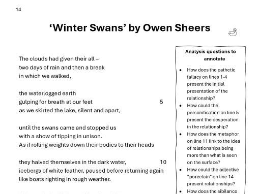 'Winter Swans' poetry revision worksheet