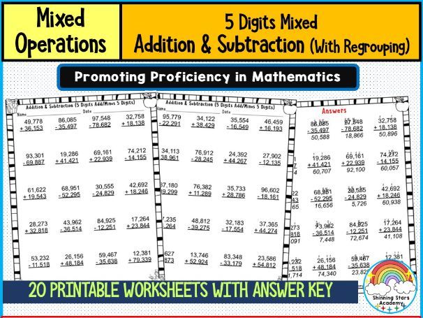 5-Digit Mixed Addition & Subtraction With Regrouping Worksheets | Carrying and Borrowing Practice