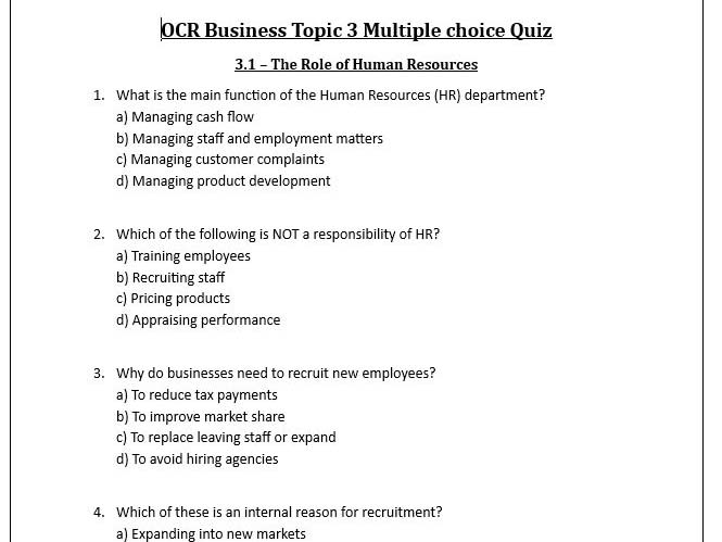 OCR Business Topic 3 multiple choice quiz