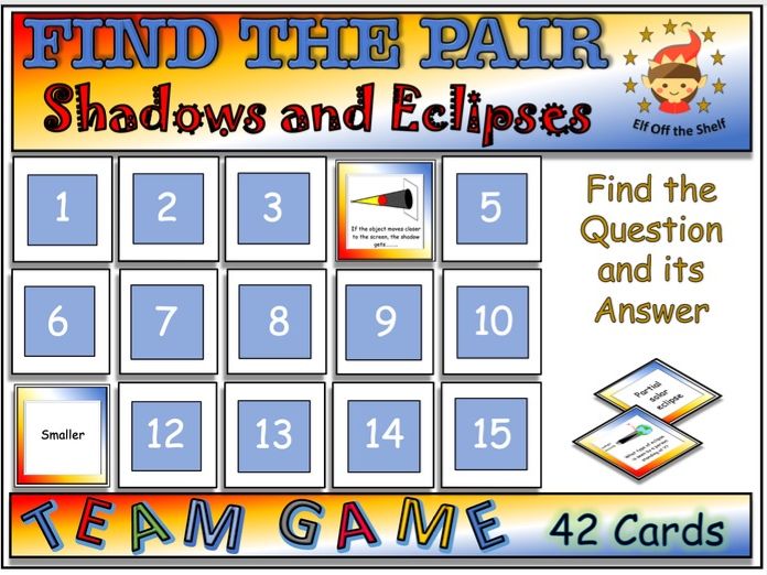 Light - Shadows and Lunar and Solar Eclipses - Find the Pair Game KS3